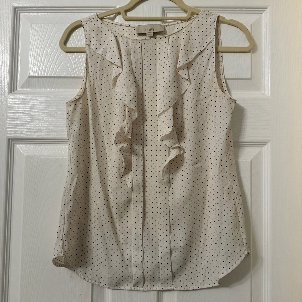 LOFT Beige Polka Dot Ruffle Blouse